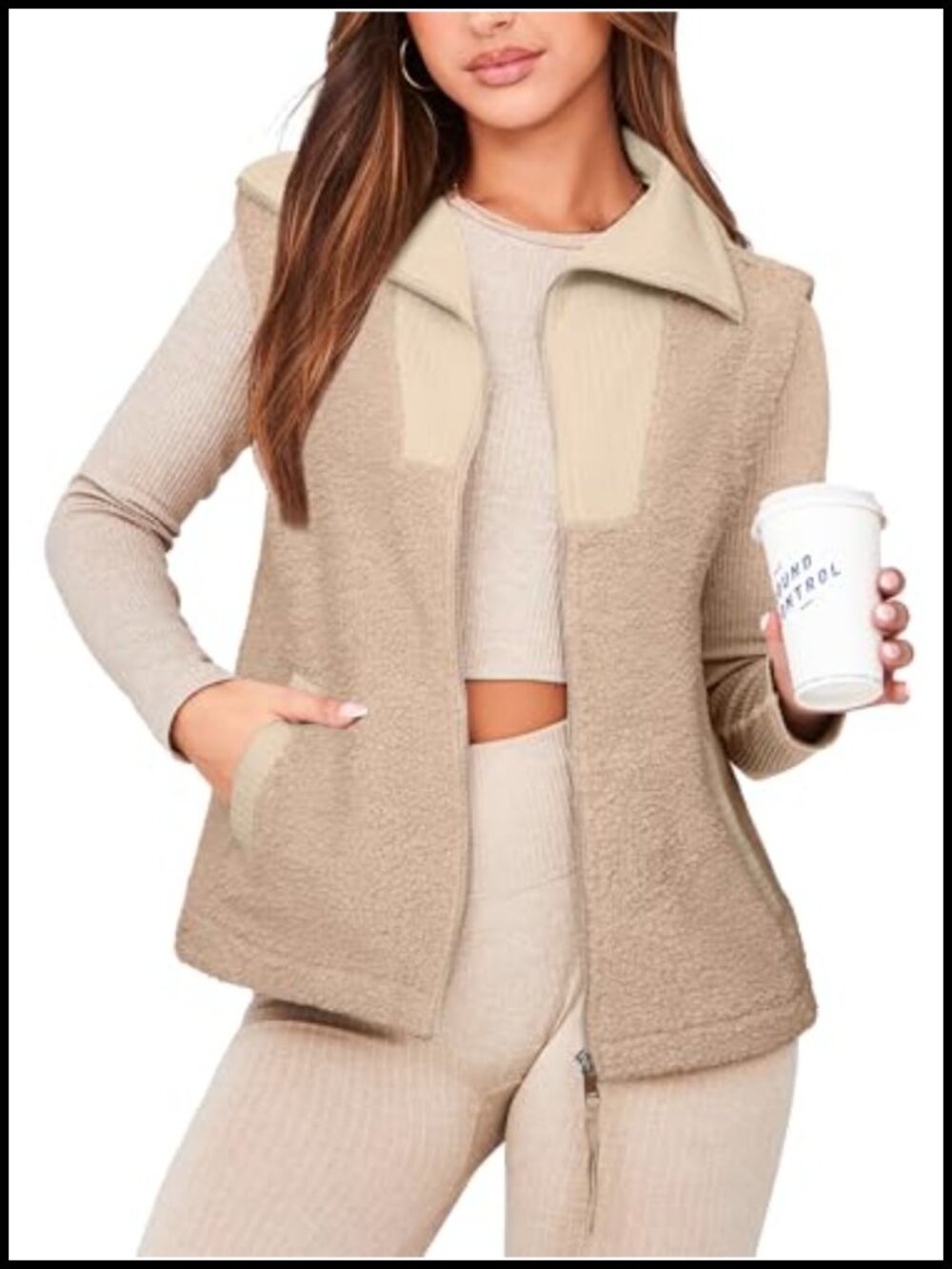 Fleece Vest Top Sleeveless Fuzzy Zip Up V Neck Sherpa Jacket with Pockets